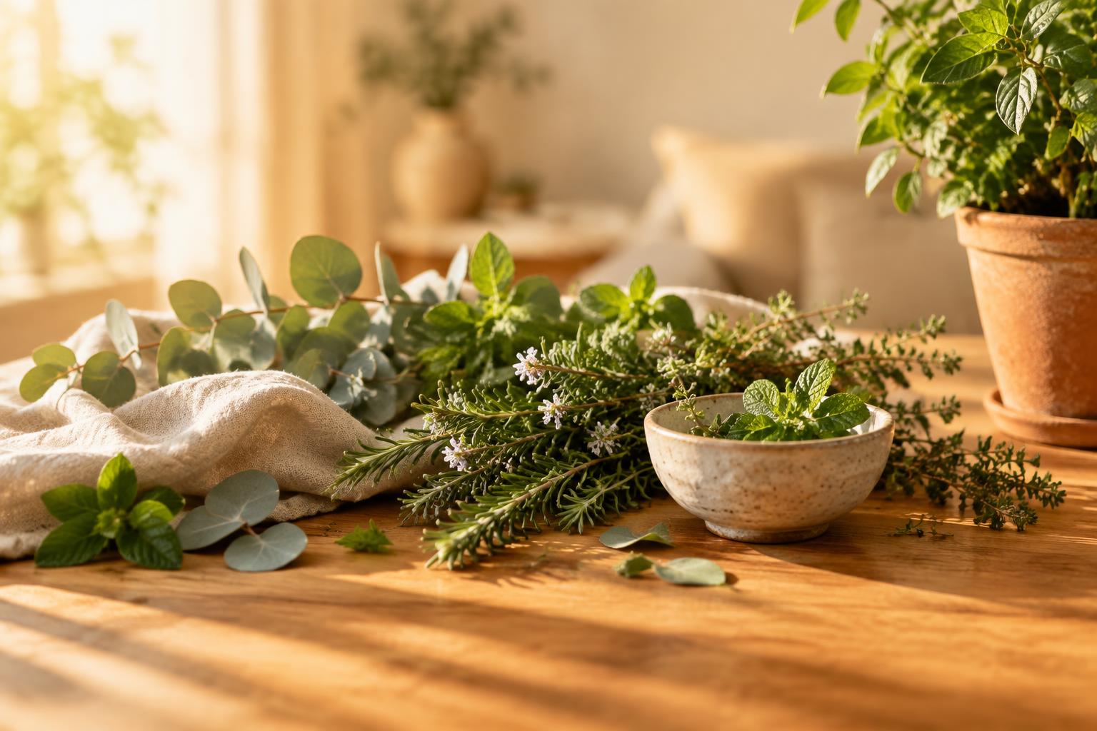 Botánicos frescos sobre una mesa de madera